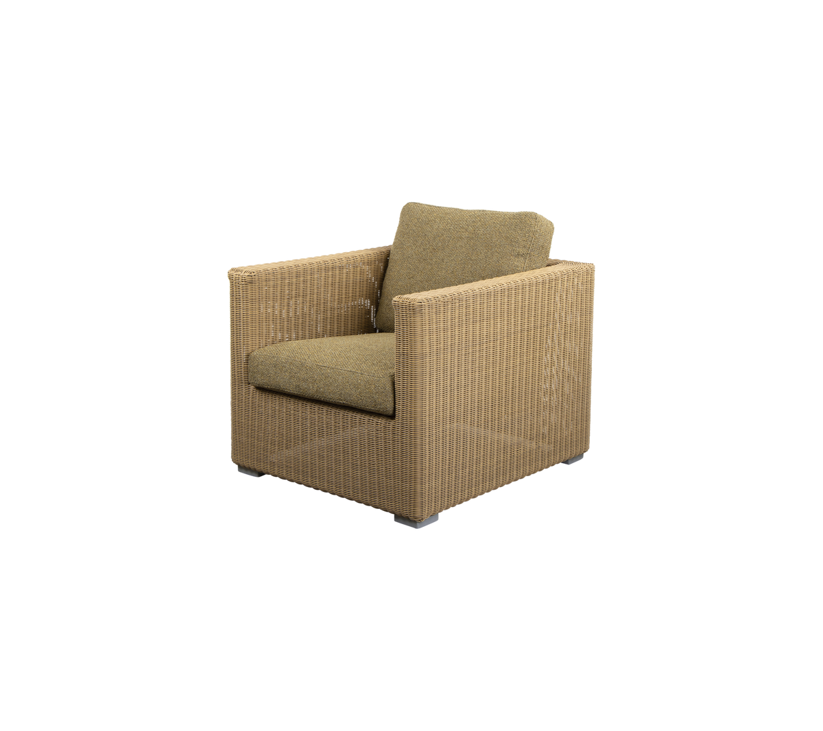Una silla cómoda y moderna con una textura tejida y un suave cojín verde, perfecta para relajarse y con estilo.