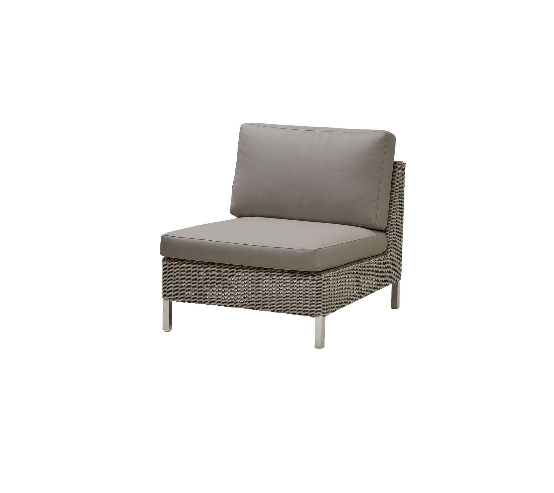Silla individual elegante con base tejida y cojín gris suave, perfecta para relajarse y decoración moderna.