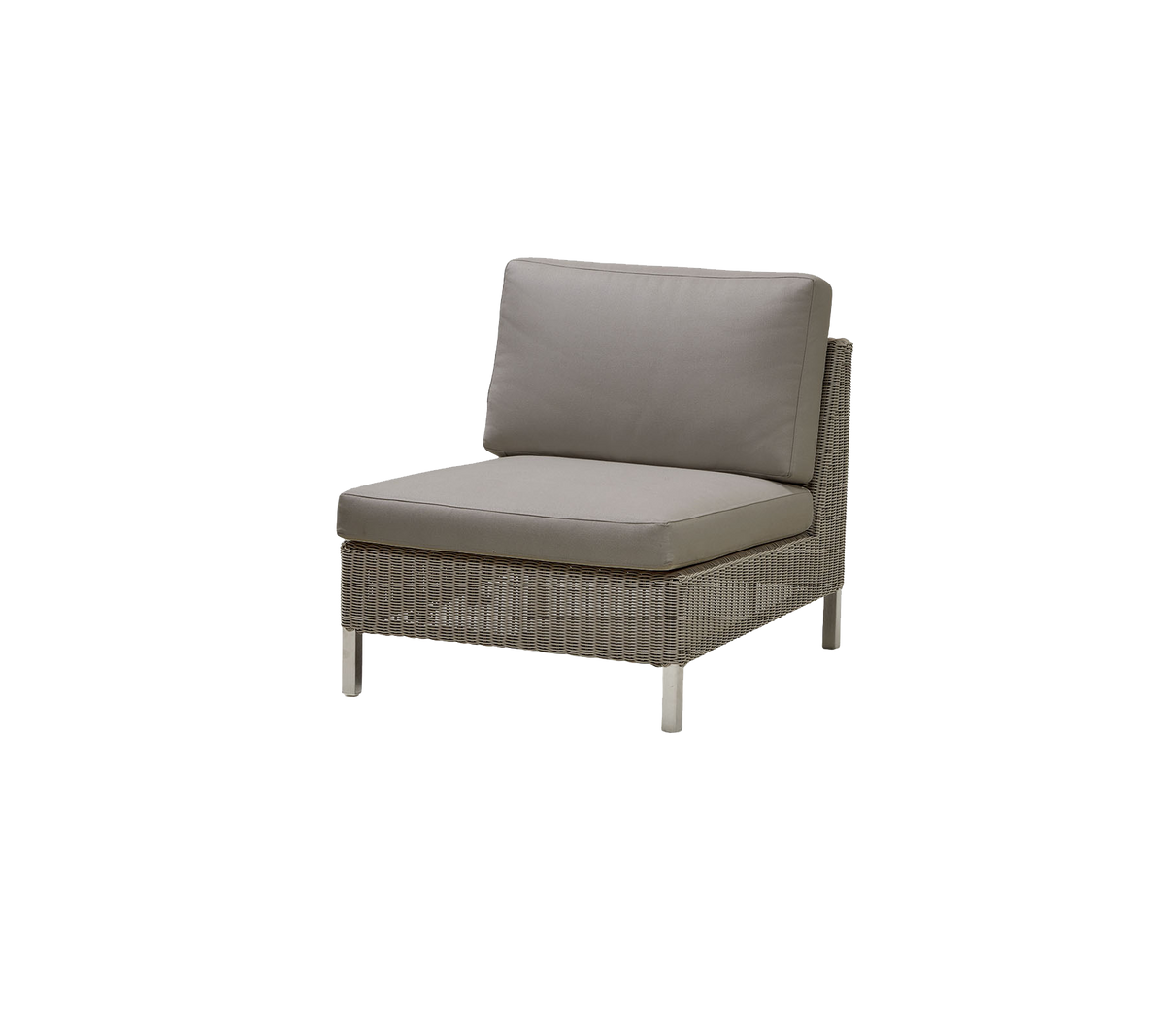 Silla individual elegante con base tejida y cojín gris suave, perfecta para relajarse y decoración moderna.