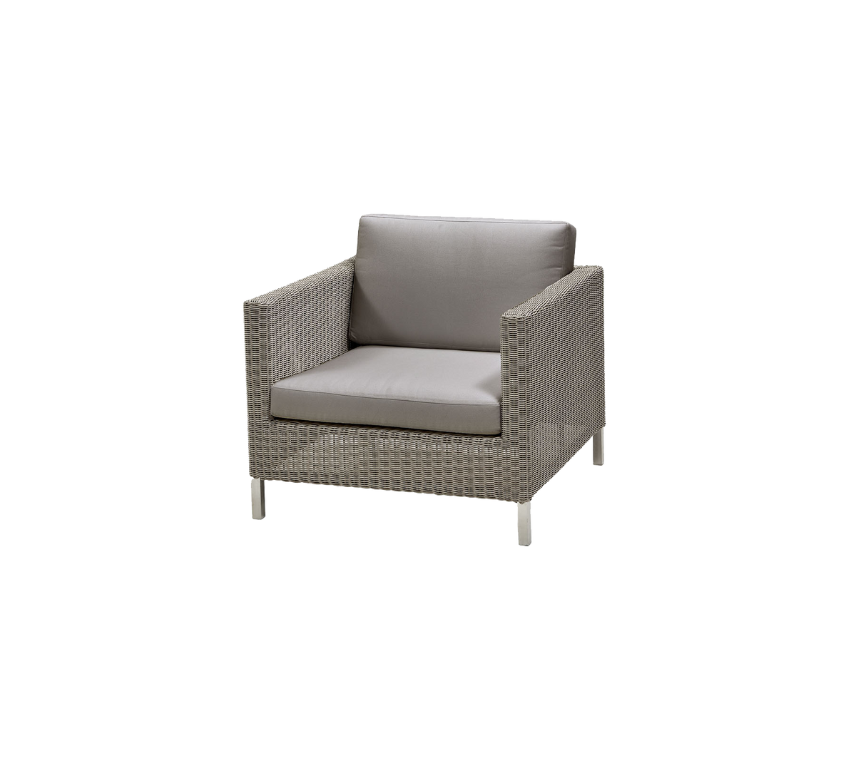 Silla estilosa y moderna con un diseño tejido y un cómodo cojín gris, perfecta para relajarse y sentarse al aire libre.