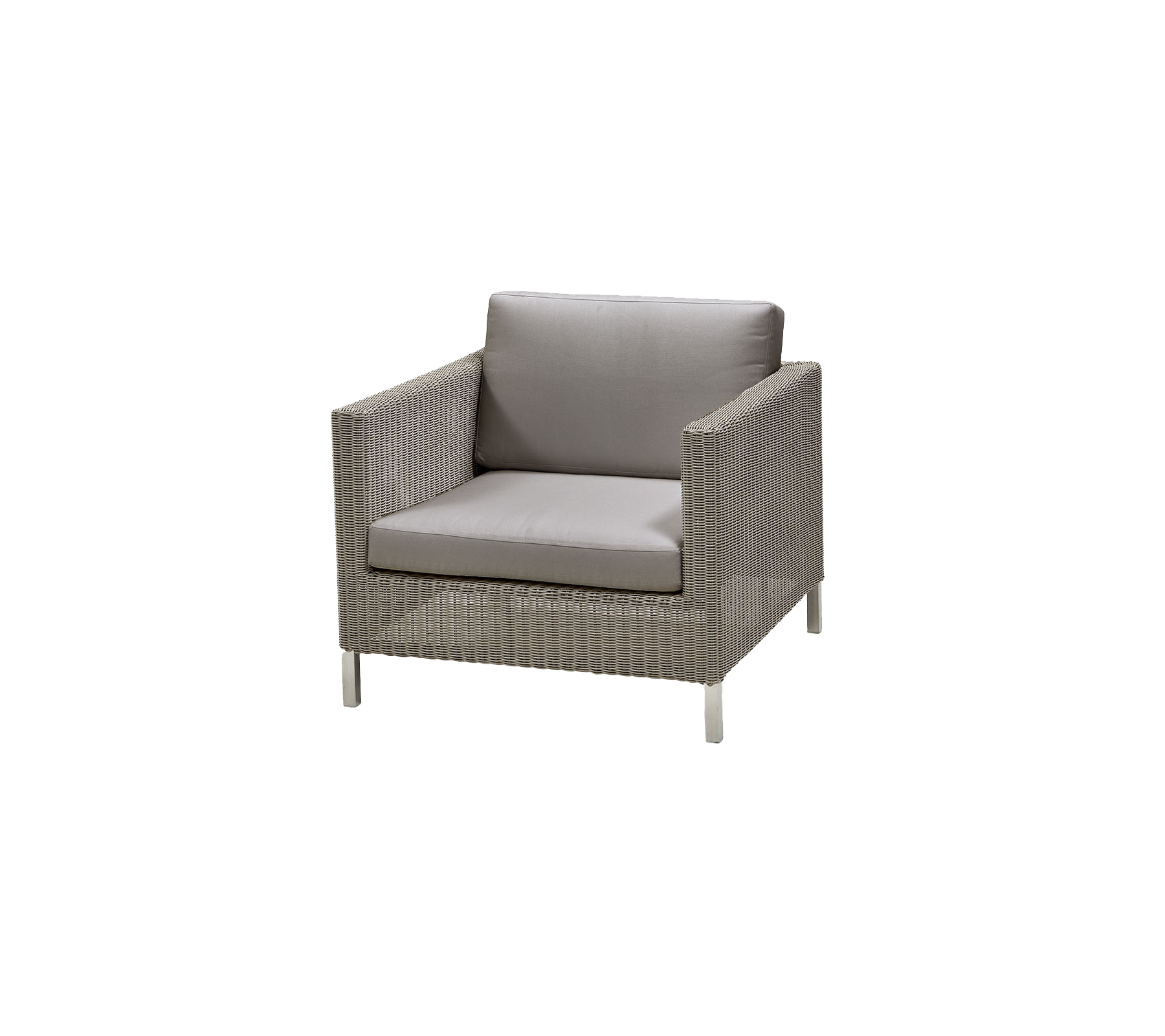 Silla estilosa y moderna con un diseño tejido y un cómodo cojín gris, perfecta para relajarse y sentarse al aire libre.