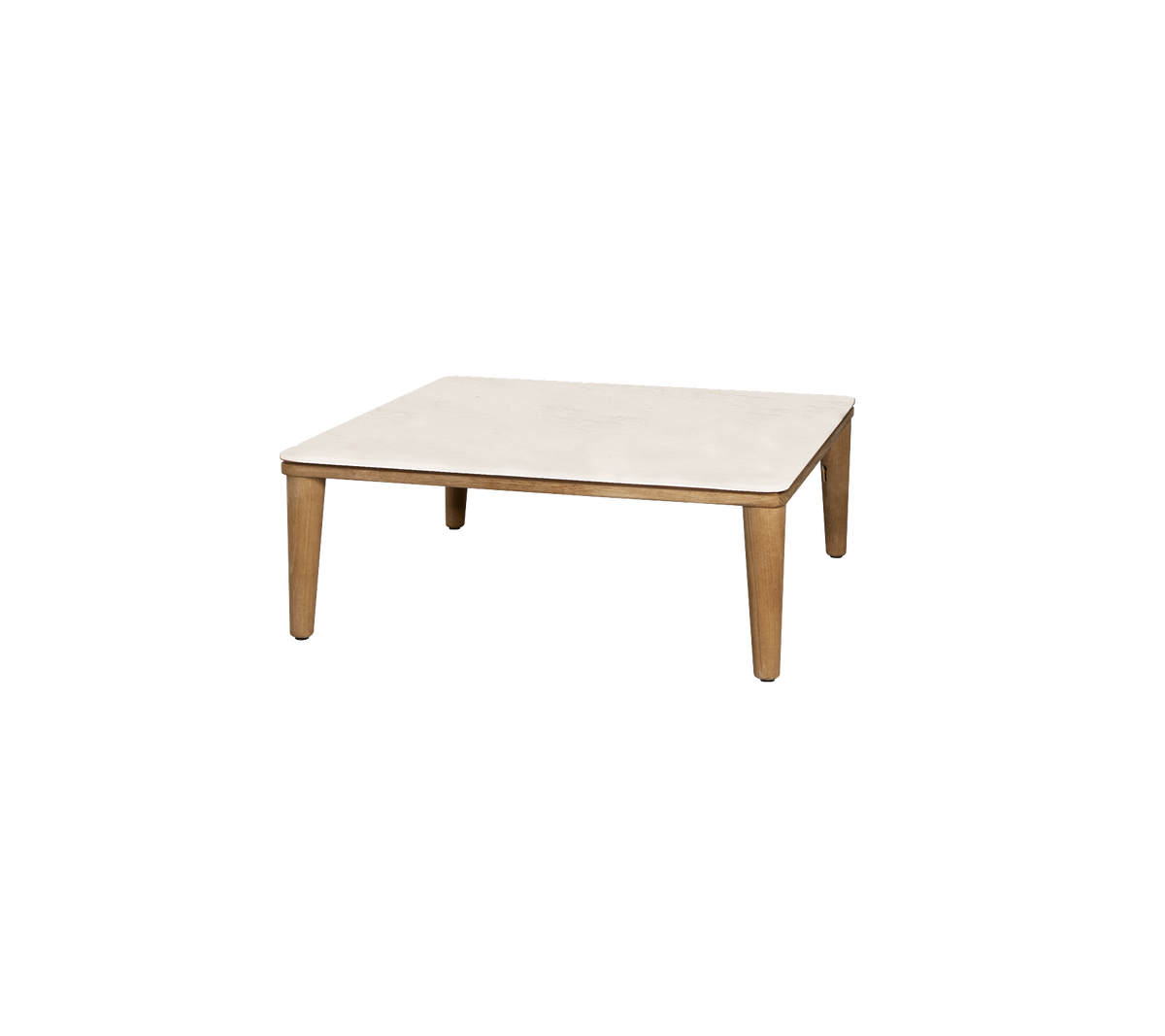 Mesa cuadrada con una superficie clara y patas de madera, que ofrece un diseño minimalista adecuado para diversos entornos.