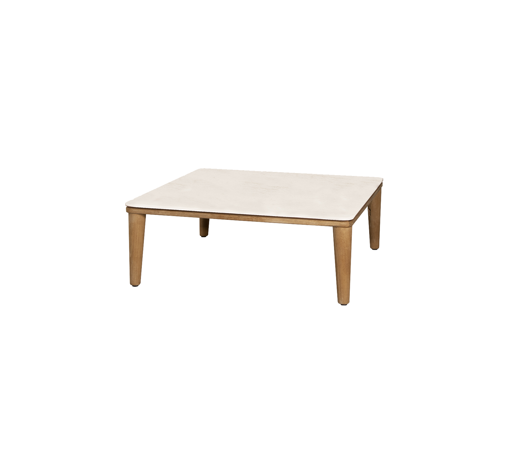 Mesa cuadrada con una superficie clara y patas de madera, que ofrece un diseño minimalista adecuado para diversos entornos.