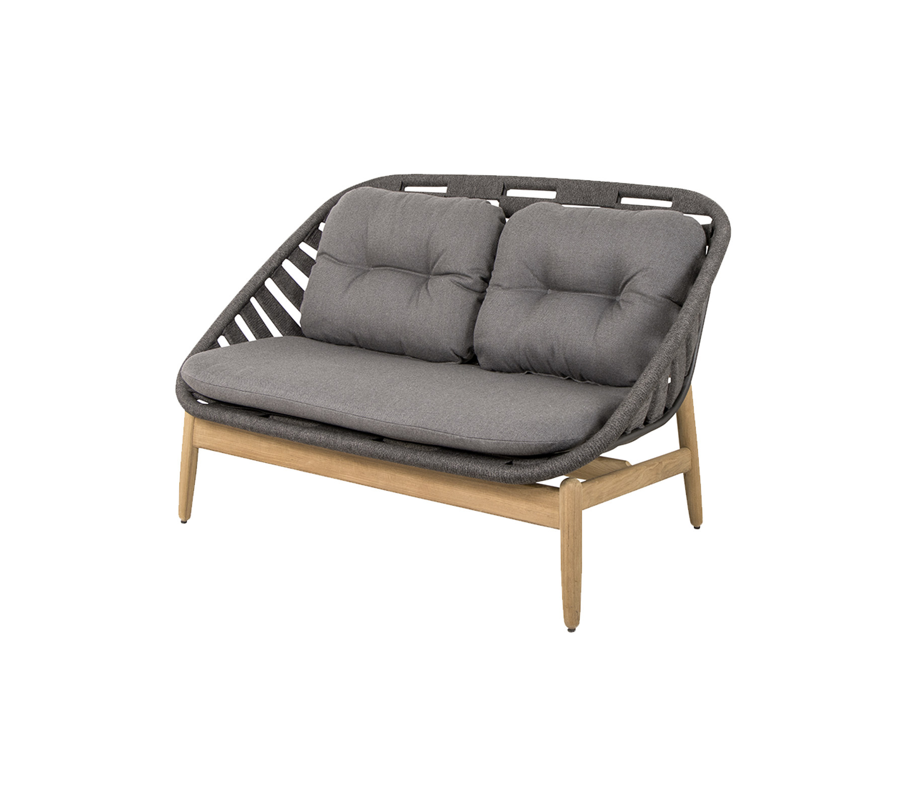 Sofá de dos plazas con un asiento acolchado gris y un respaldo tejido elegante, apoyado en patas de madera. Ideal para una decoración moderna.