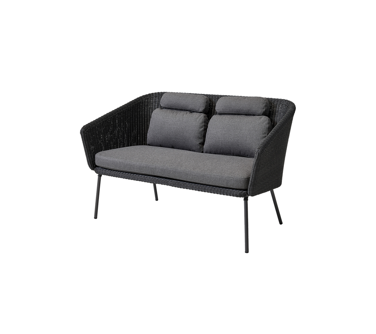 Sofá de dos plazas elegante con un diseño trenzado y suaves cojines grises, perfecto para una decoración moderna.