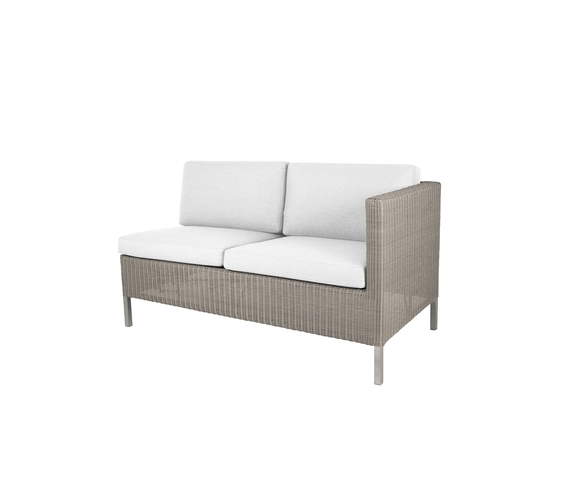 Sofá de dos plazas cómodo con un diseño moderno, que cuenta con suaves cojines blancos y un marco tejido elegante. Ideal para la relajación.