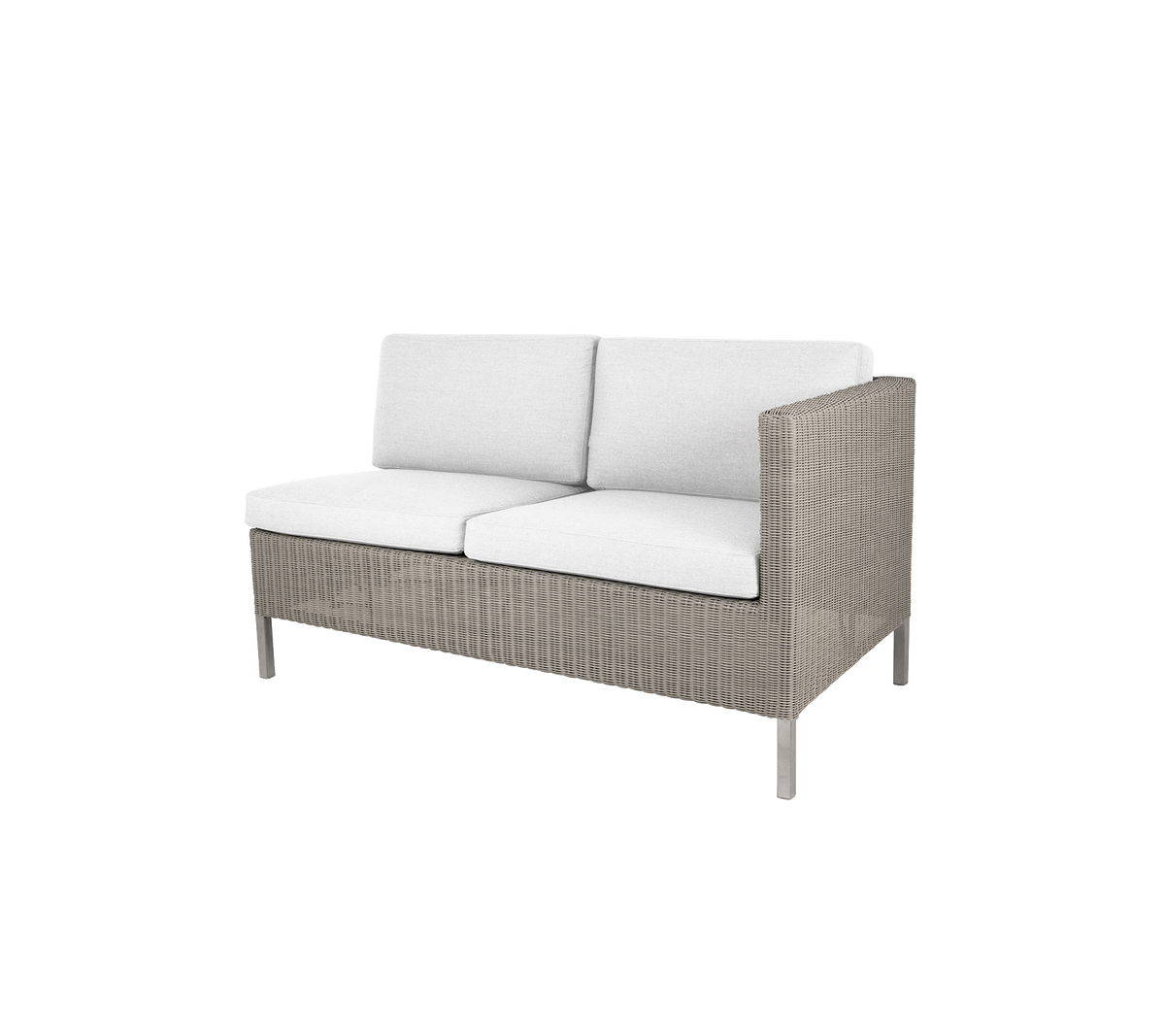 Sofá de dos plazas cómodo con un diseño moderno, que cuenta con suaves cojines blancos y un marco tejido elegante. Ideal para la relajación.