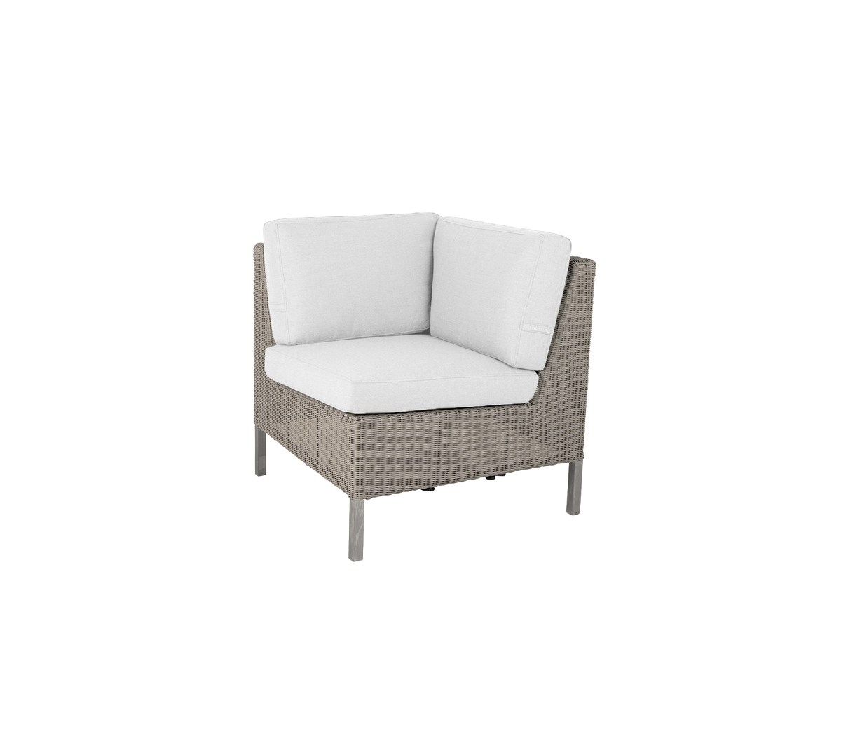 Silla de esquina con exterior tejido y almohadones blancos suaves, perfecta para añadir comodidad y estilo a cualquier espacio.