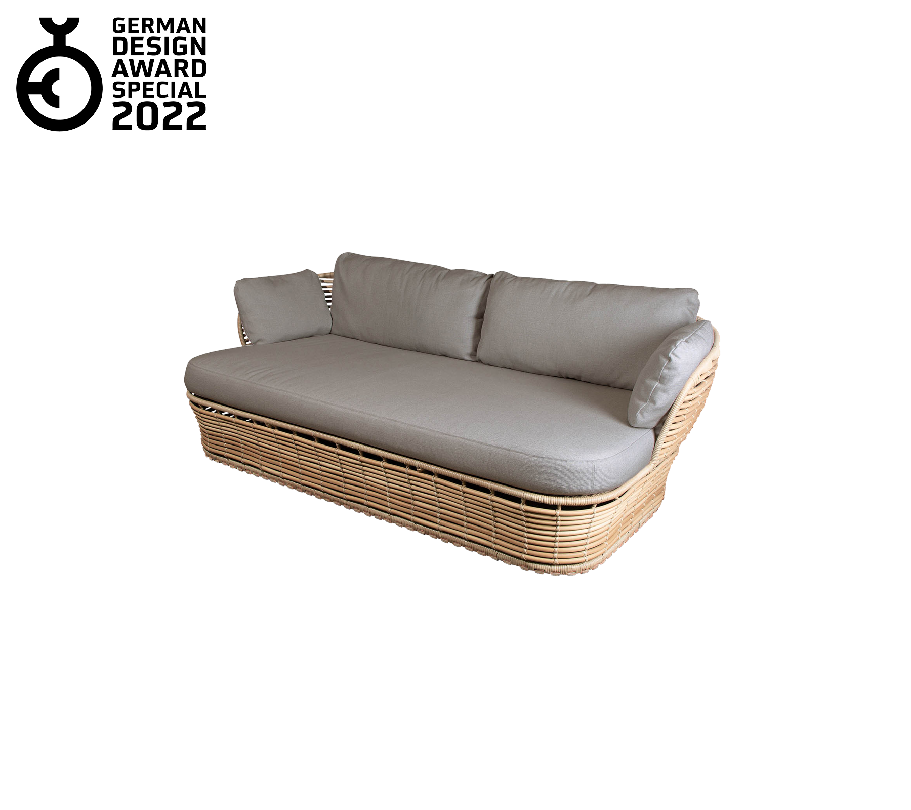 Sofá contemporáneo con base tejida y almohadas grisáceas, con un diseño elegante y estético. Galardonado en 2022.
