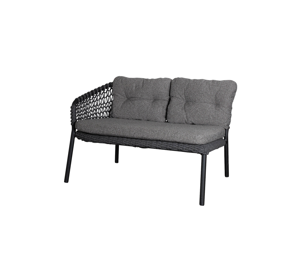 Sofá de dos plazas con un asiento acolchado gris y un respaldo tejido elegante, diseñado para la comodidad y la estética moderna.