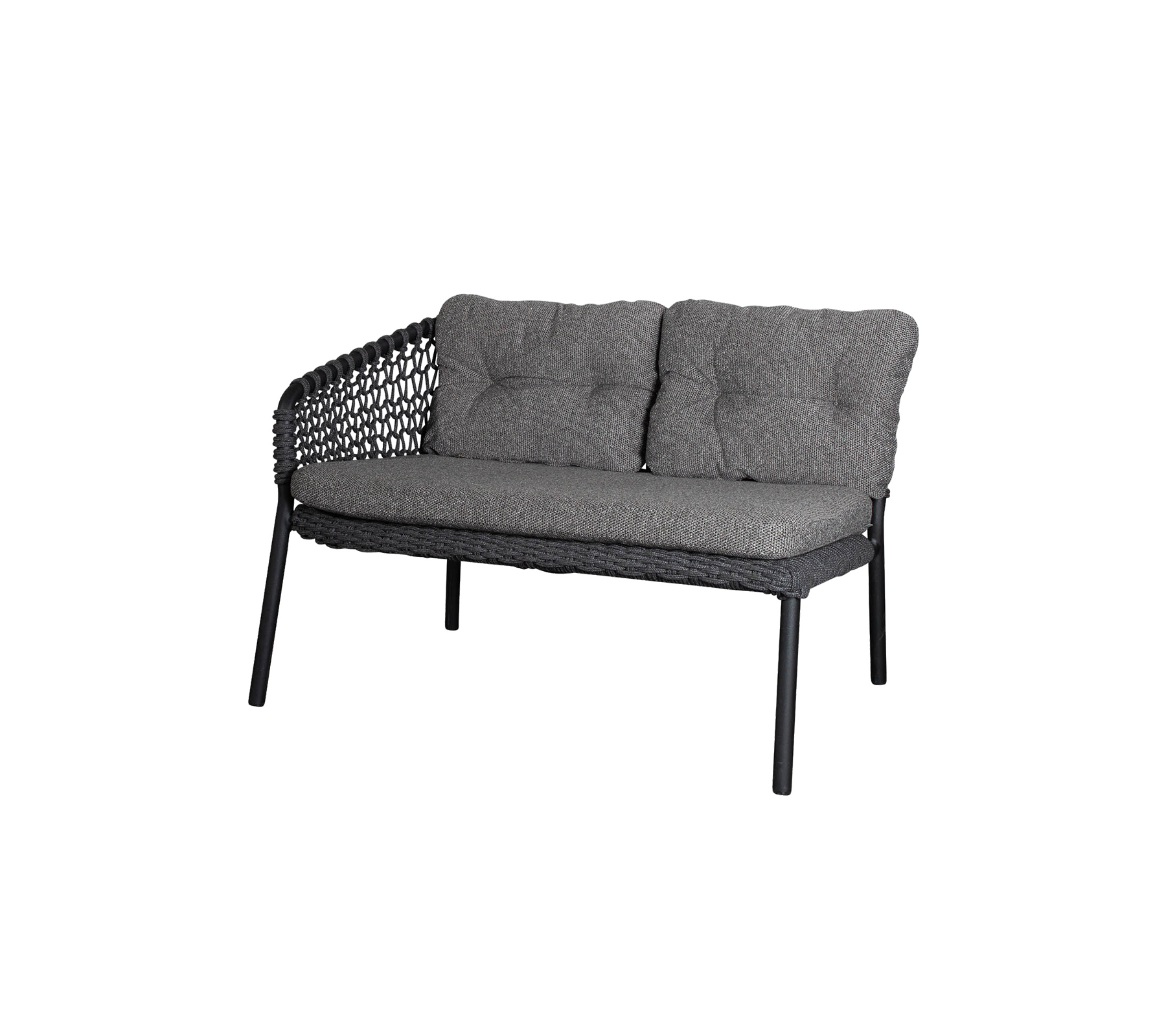 Sofá de dos plazas con un asiento acolchado gris y un respaldo tejido elegante, diseñado para la comodidad y la estética moderna.