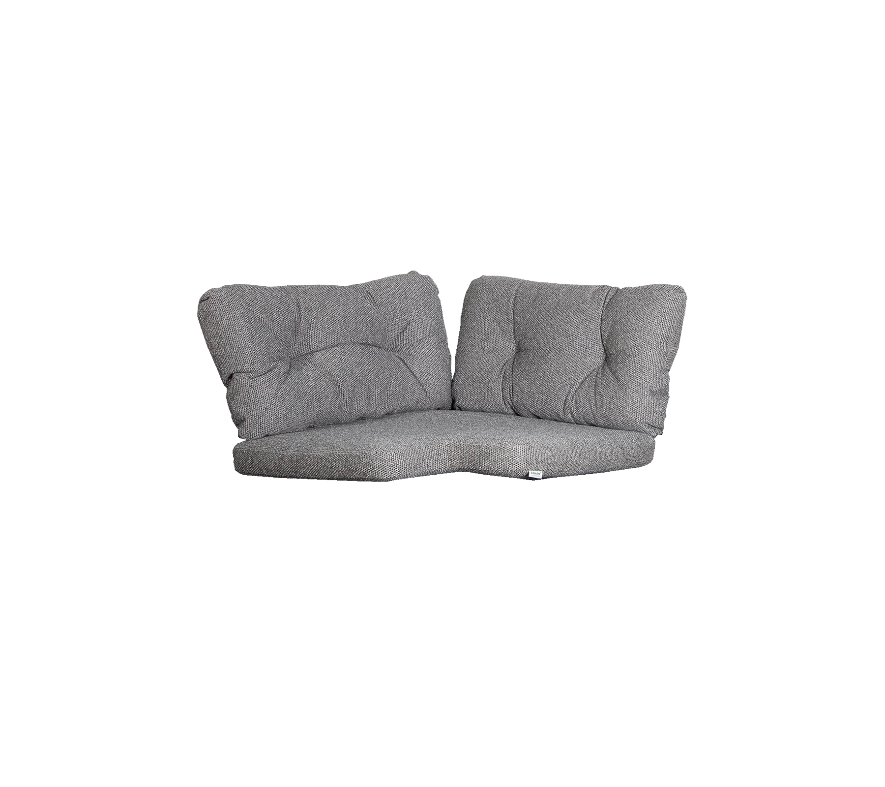 Sofá gris de dos plazas con cojines blandos, con un diseño moderno y una forma curva para comodidad y estilo.