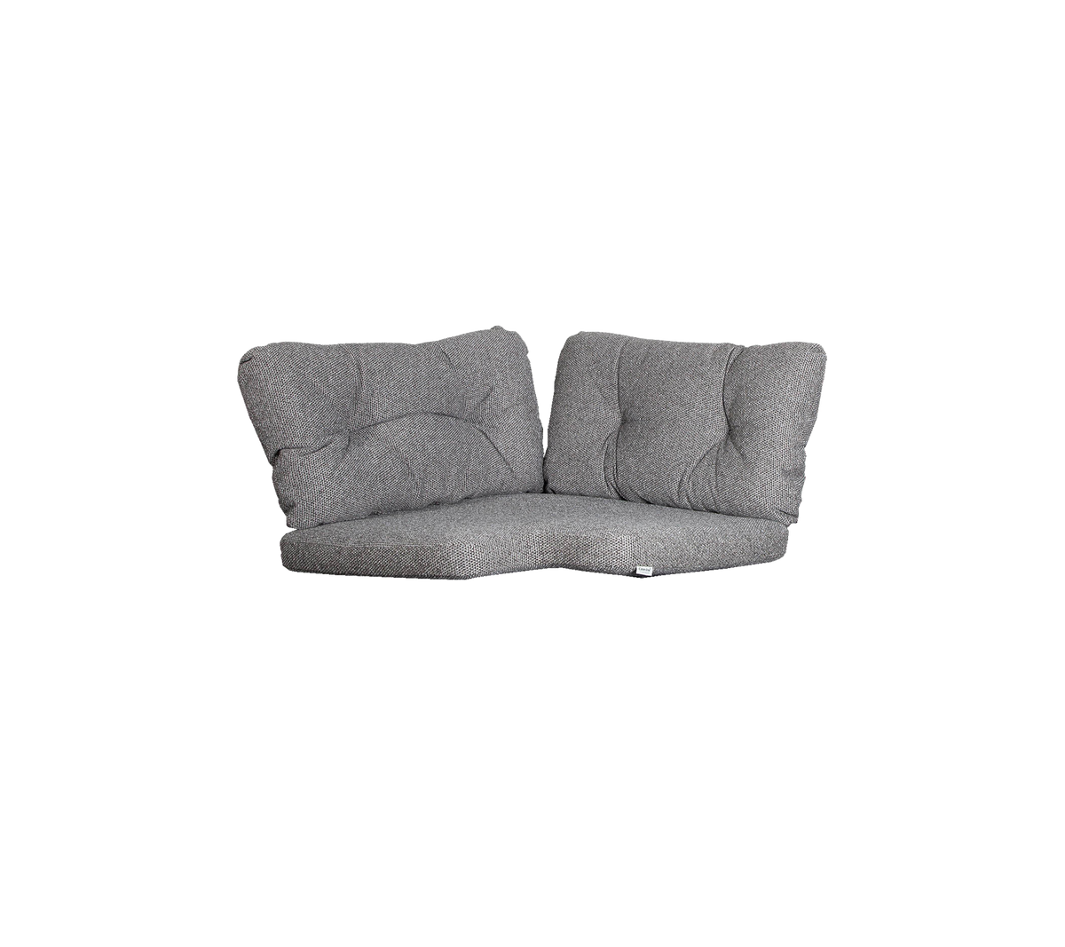 Sofá gris de dos plazas con cojines blandos, con un diseño moderno y una forma curva para comodidad y estilo.