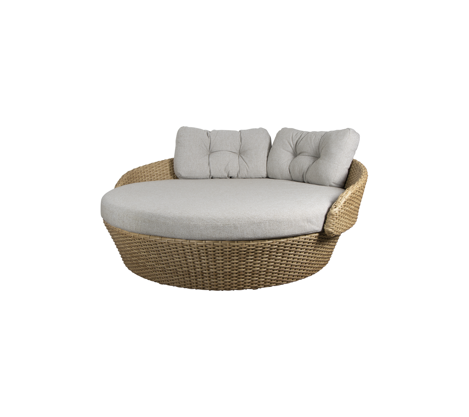 Sillón lounge de mimbre redondo con suaves cojines grises, diseñado para la comodidad y la relajación. Ideal para descansar o socializar.