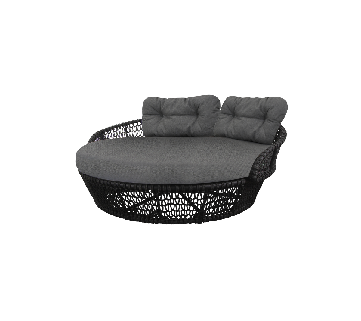 Asiento redondo acolchado con una base tejida, que cuenta con dos respaldos y un diseño elegante, perfecto para relajarse.