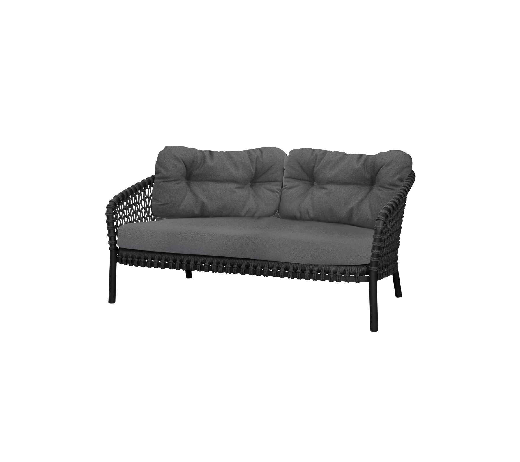 Sofá elegante de dos plazas con un marco negro elegante y cojines grises suaves para comodidad y elegancia. Perfecto para arreglos modernos de asientos.