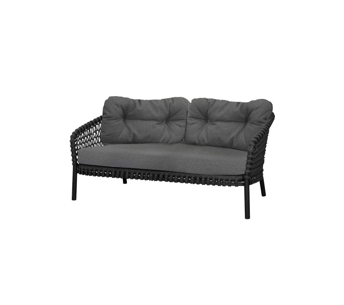 Sofá elegante de dos plazas con un marco negro elegante y cojines grises suaves para comodidad y elegancia. Perfecto para arreglos modernos de asientos.