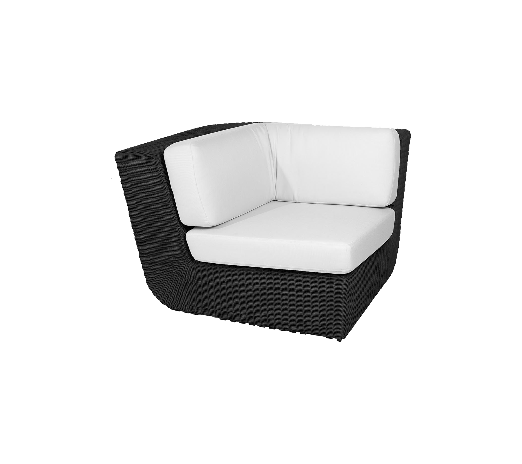 Sillón de esquina elegante con un diseño tejido negro y cómodos cojines blancos, perfecto para arreglos de asientos modernos.