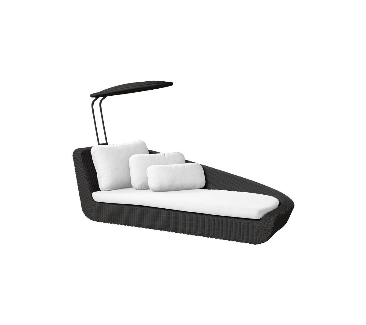 Sillón lounge negro elegante con cojines blancas y un toldo ajustable para sombra y comodidad. Perfecto para relajarse.