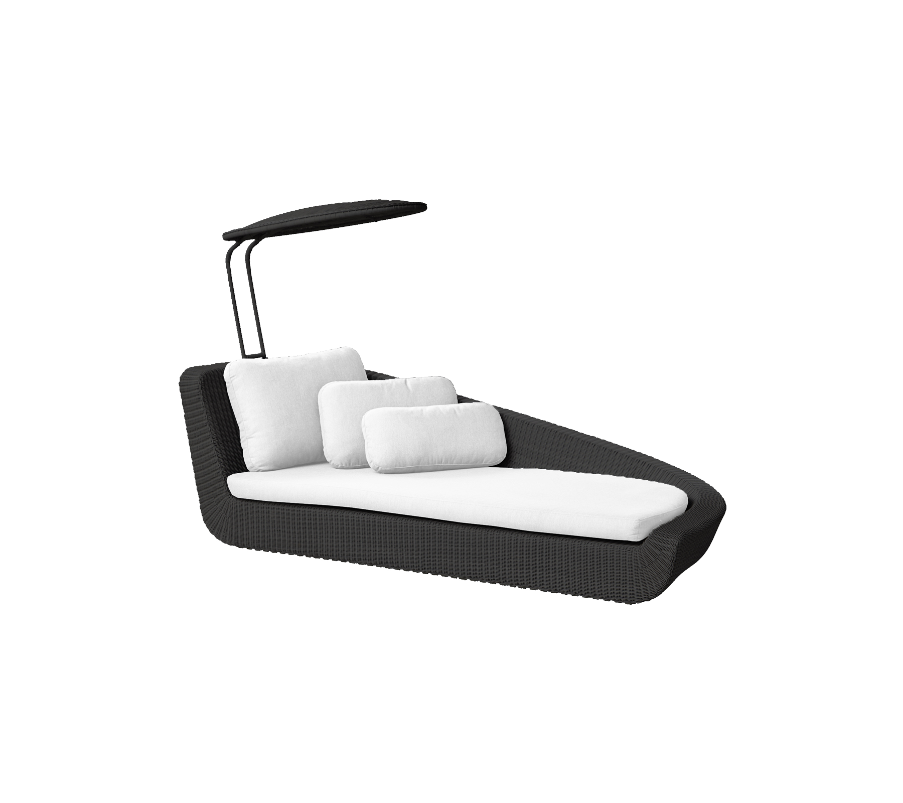 Sillón lounge negro elegante con cojines blancas y un toldo ajustable para sombra y comodidad. Perfecto para relajarse.