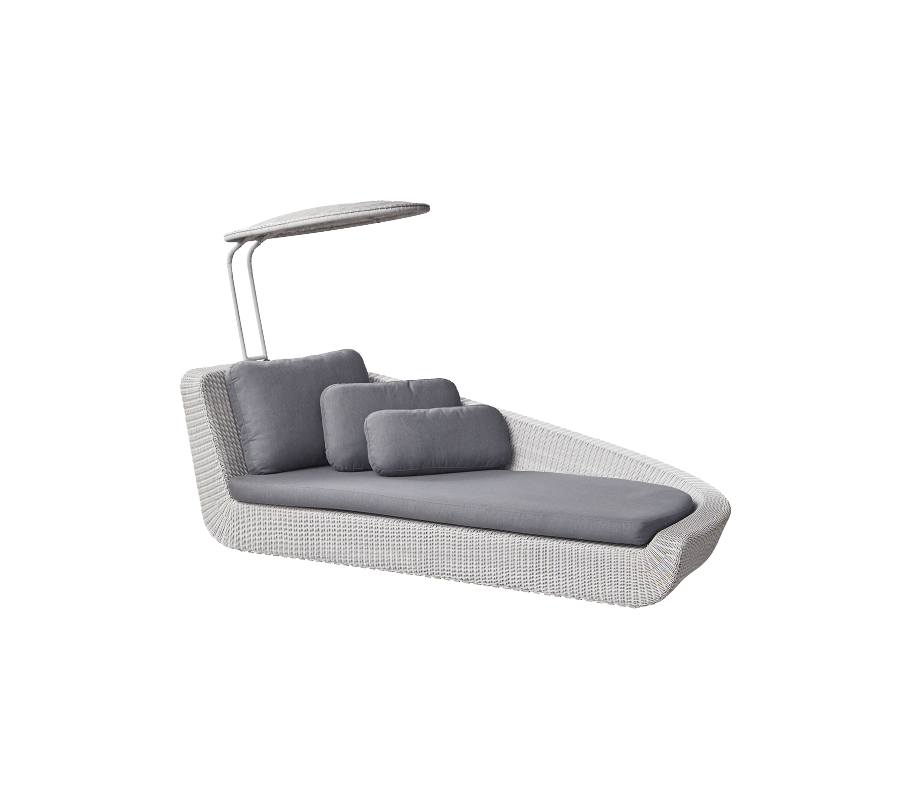 Sillón lounge elegante con un diseño estilizado, que cuenta con cojines grises y un toldo protector para mayor comodidad. Perfecto para la relajación.