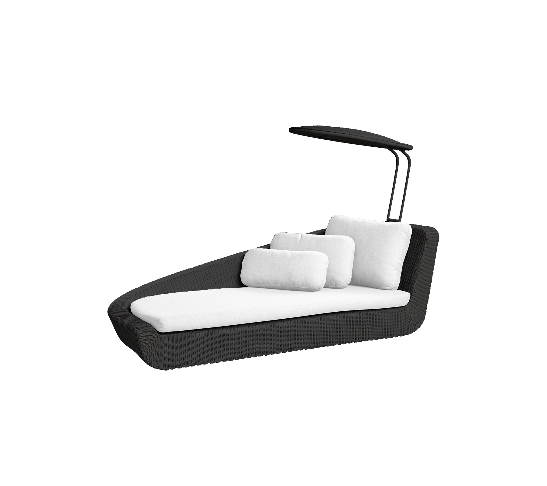 Silla lounge exterior elegante con un diseño elegante, con suaves cojines blancos y un toldo protector para comodidad y relajación.