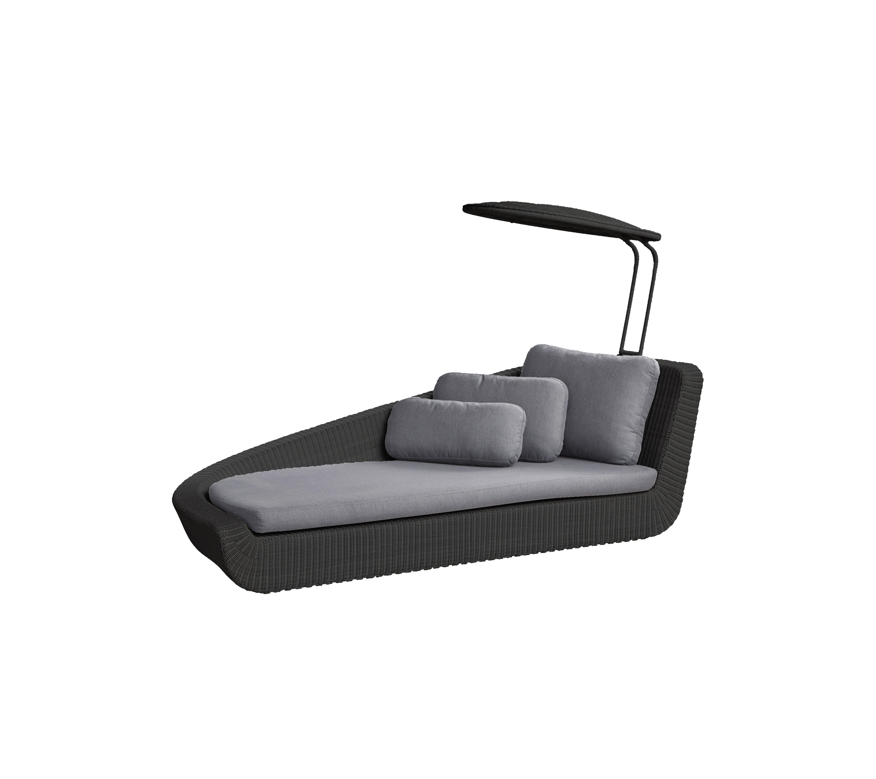 Sillón de lounge elegante con un diseño moderno, que cuenta con un toldo y suaves cojines grises para comodidad y relajación.