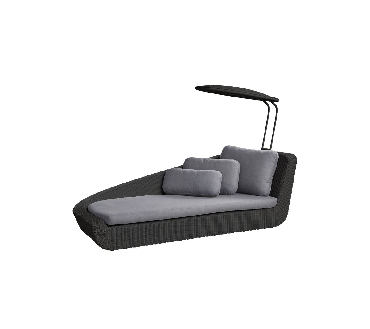 Sillón de lounge elegante con un diseño moderno, que cuenta con un toldo y suaves cojines grises para comodidad y relajación.