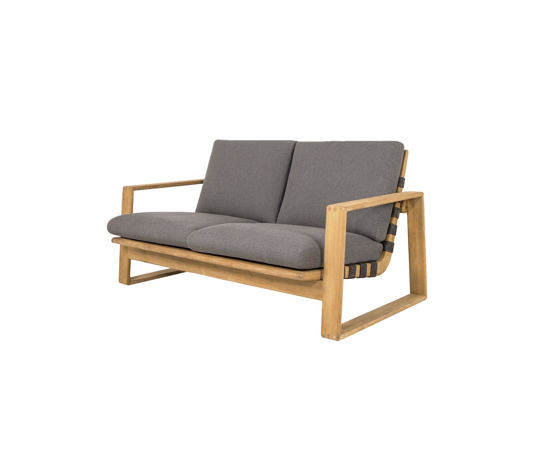 Sofá de dos plazas con un marco de madera clara y cojines grises, con un diseño moderno y asientos cómodos.