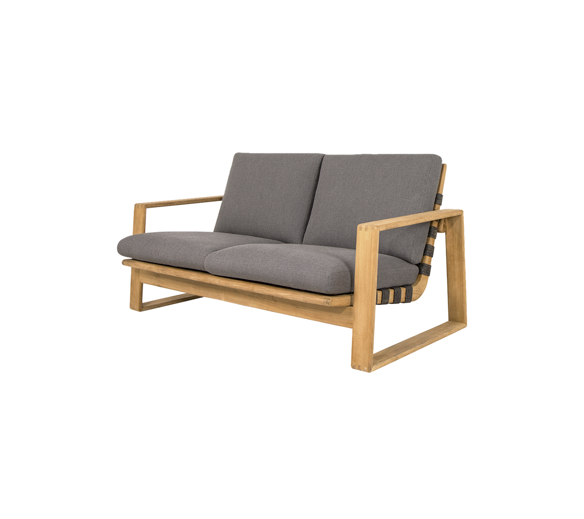 Sofá de dos plazas con un marco de madera clara y cojines grises, con un diseño moderno y asientos cómodos.