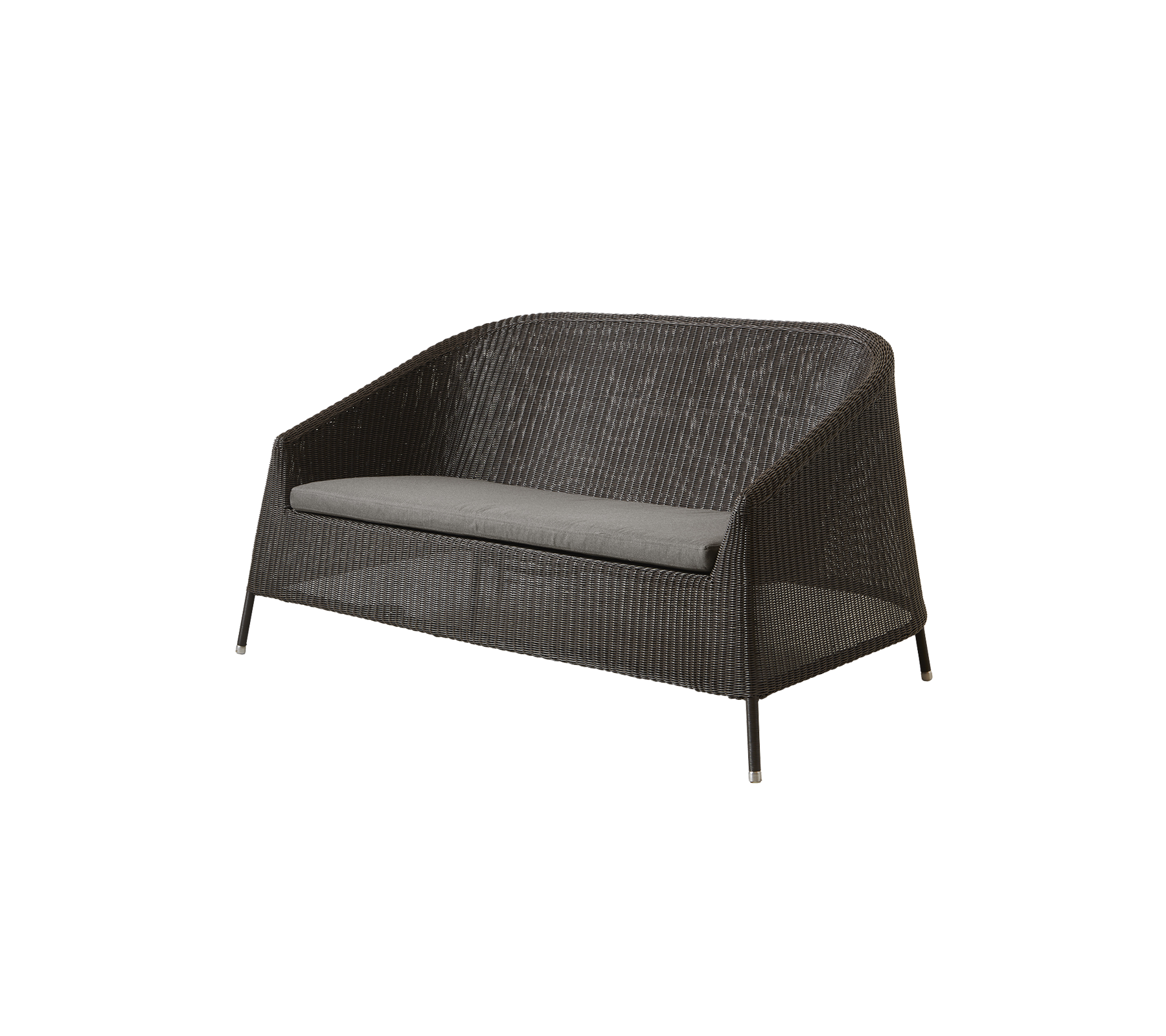Sofá de dos plazas elegante con un diseño tejido duradero y un cojín gris, perfecto para la relajación y comodidad al aire libre.