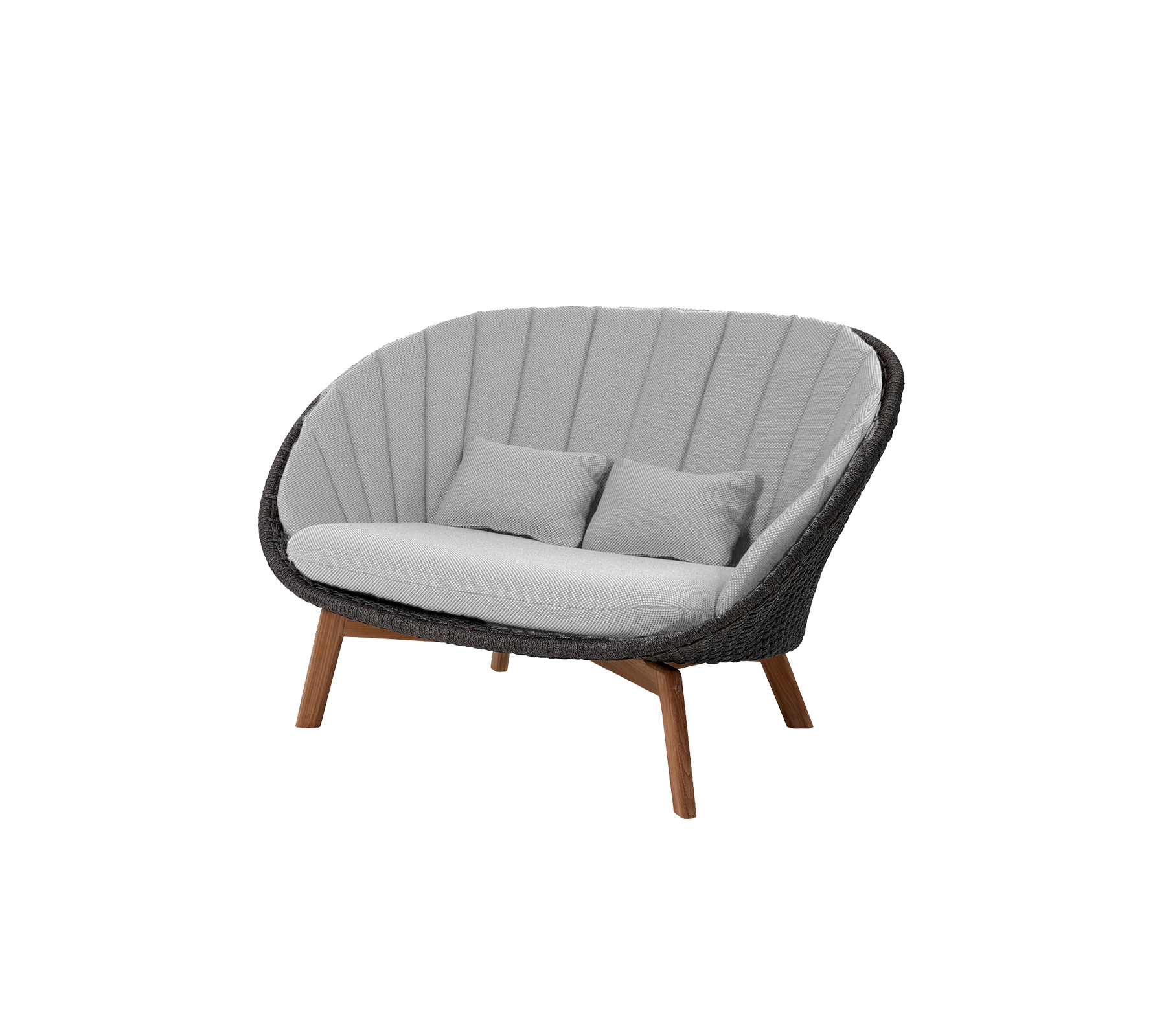 Sofá de dos plazas con un diseño curvado, tapizado en gris y con patas de madera, perfecto para añadir comodidad y un toque moderno.
