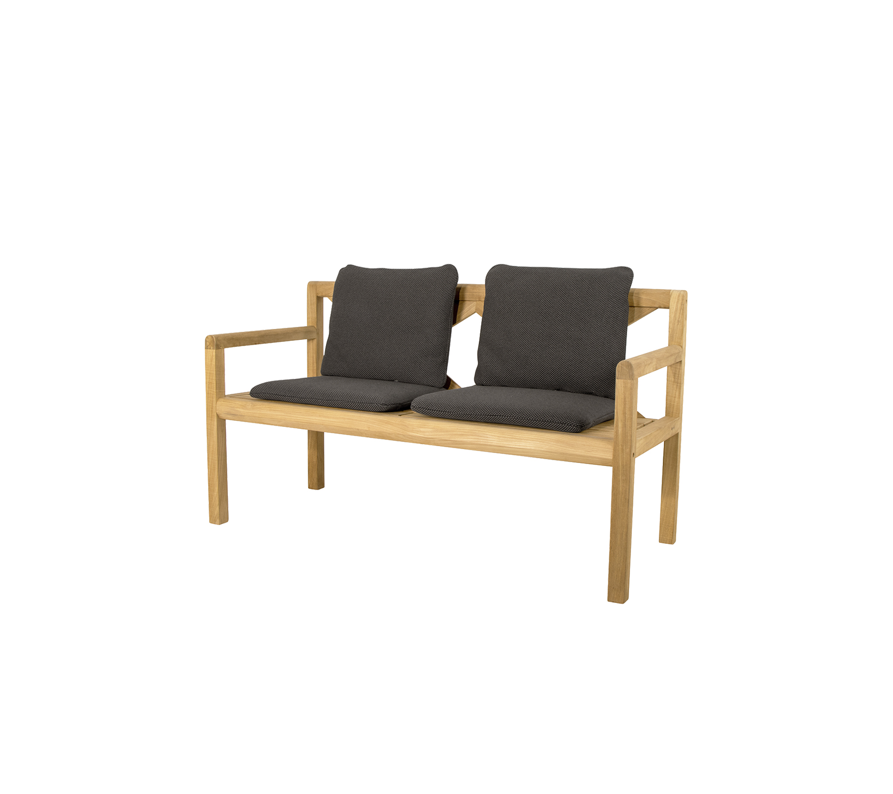 Banco de madera para dos personas con cómodos cojines gris oscuro, que presenta un diseño simple y moderno. Ideal para sentarse de manera informal.