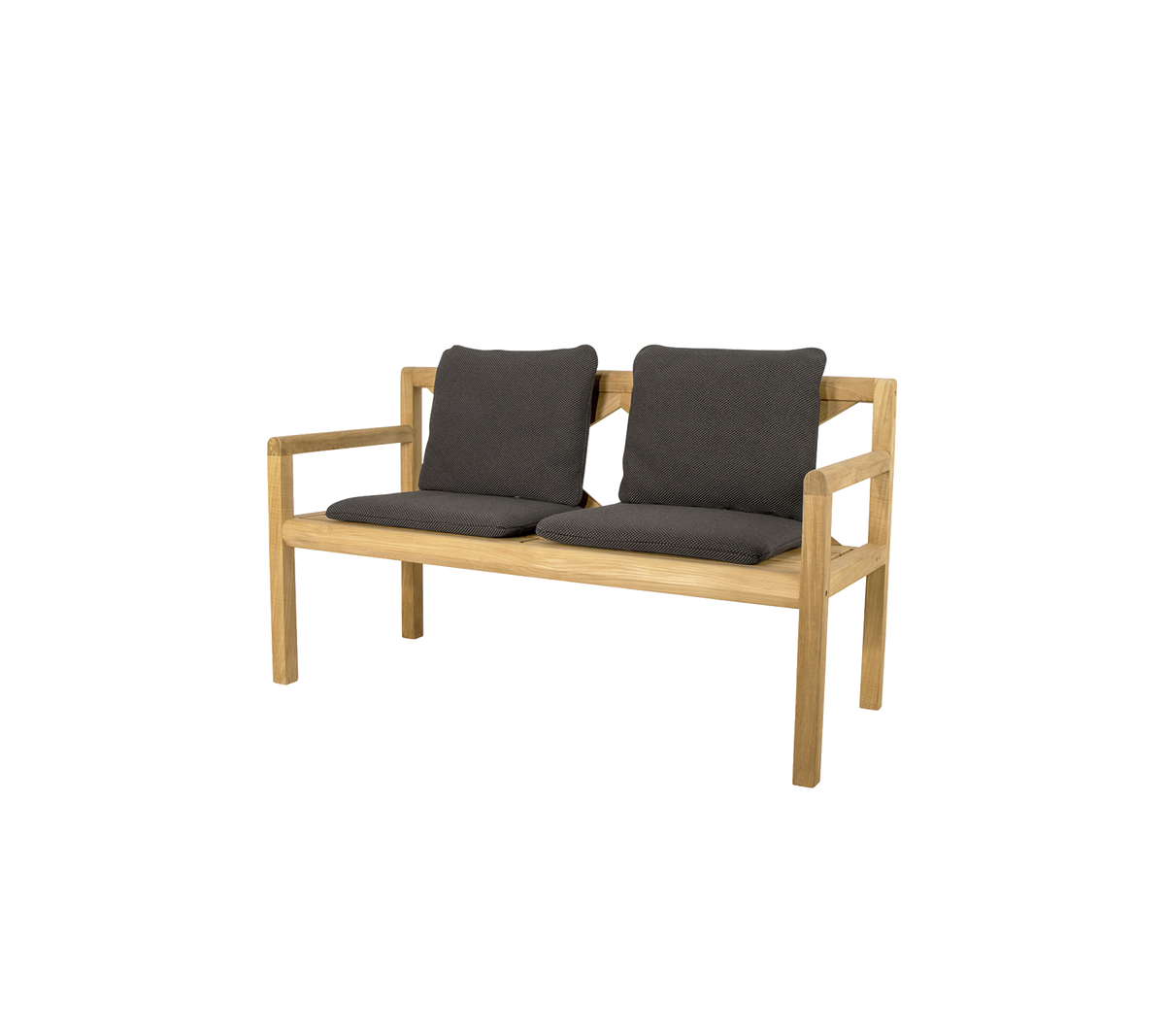 Banco de madera para dos personas con cómodos cojines gris oscuro, que presenta un diseño simple y moderno. Ideal para sentarse de manera informal.