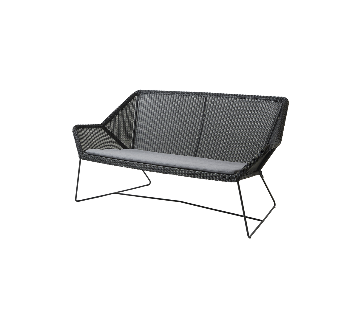 Sofá de dos plazas elegante con un diseño tejido y un cómodo cojín gris, con patas de metal elegantes para soporte.