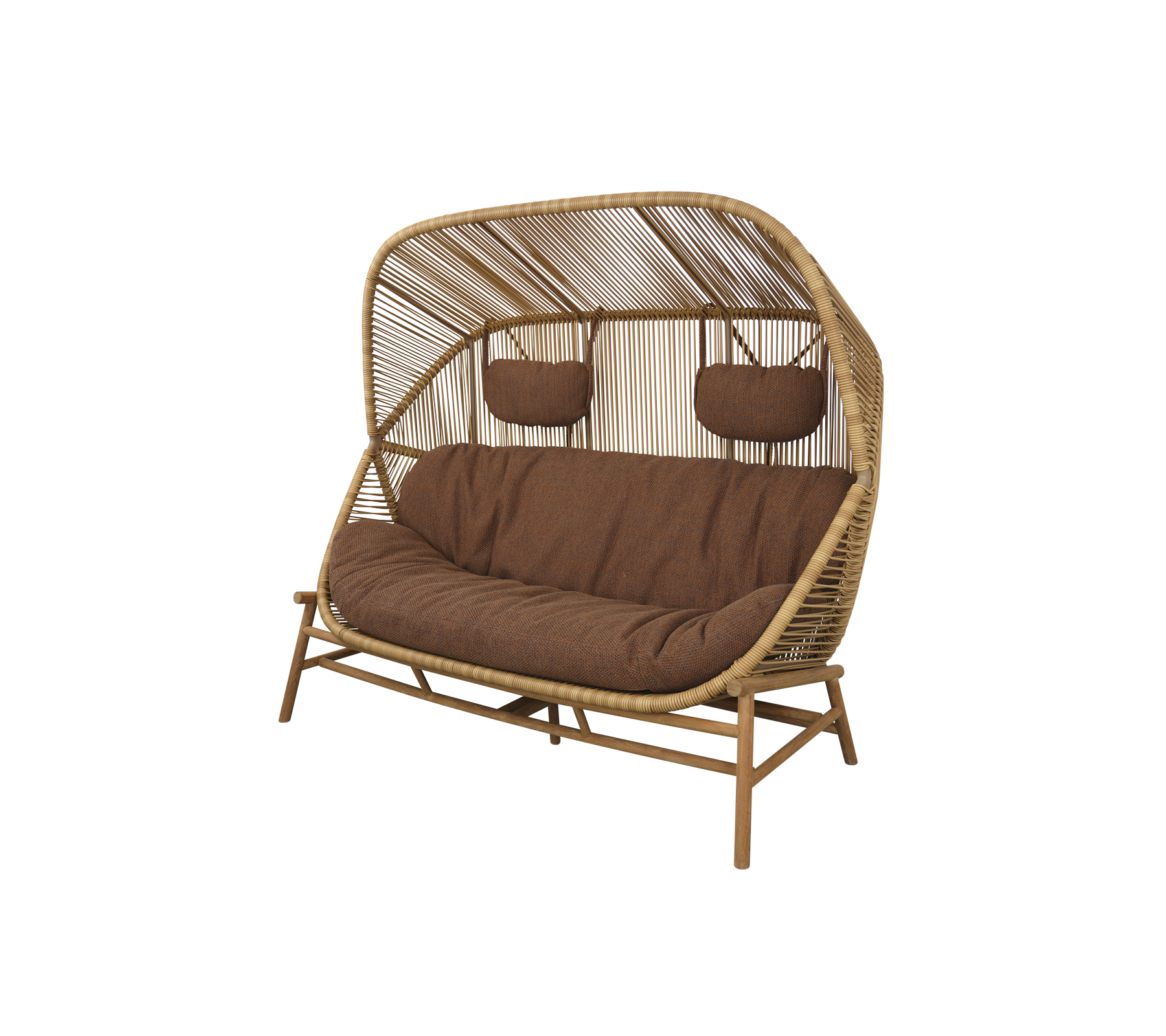 Sofá elegante de dos plazas con un marco de bambú curvado, que cuenta con cómodos cojines y dos reposabrazos acolchados para mayor comodidad.