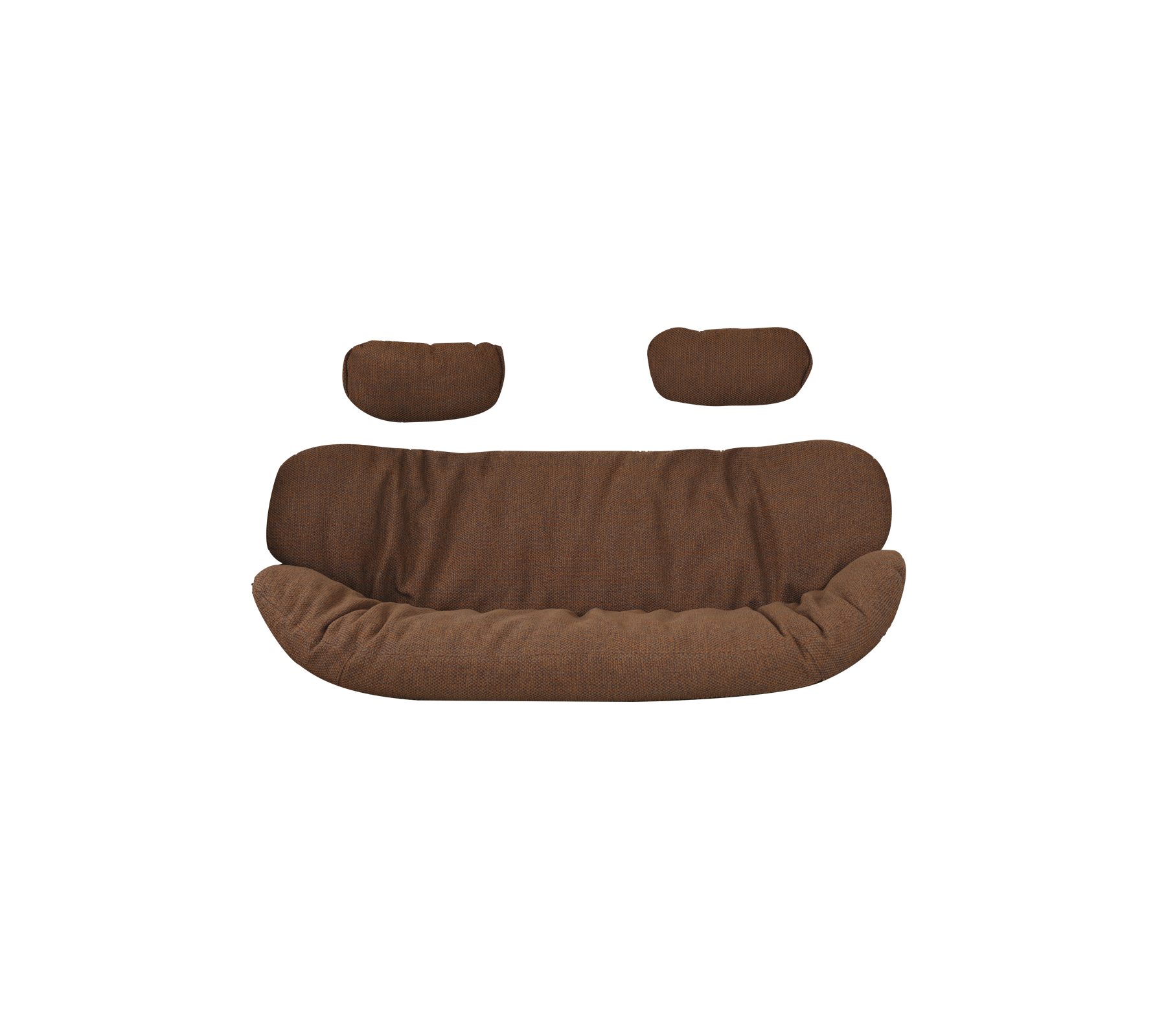 Sofá tapizado marrón con dos cojines a juego, con un diseño curvado y acogedor. Ideal para sentarse cómodamente.