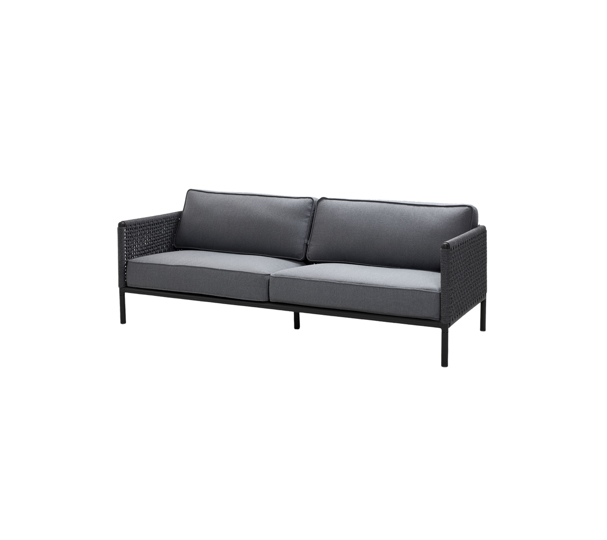 Sofá de dos plazas elegante con un marco negro y cojines grises, que presenta un diseño tejido para mayor textura y comodidad.