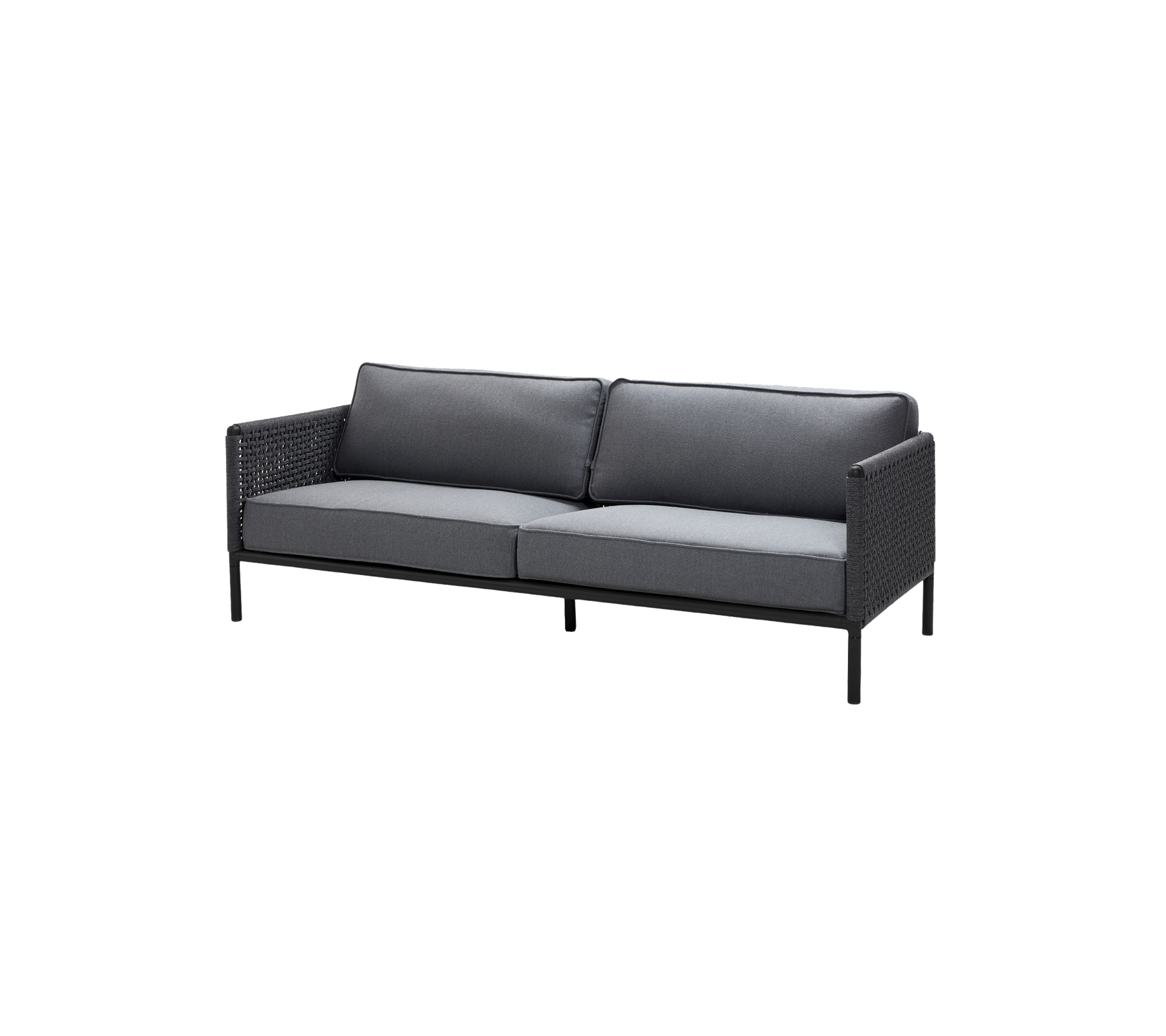 Sofá de dos plazas elegante con un marco negro y cojines grises, que presenta un diseño tejido para mayor textura y comodidad.