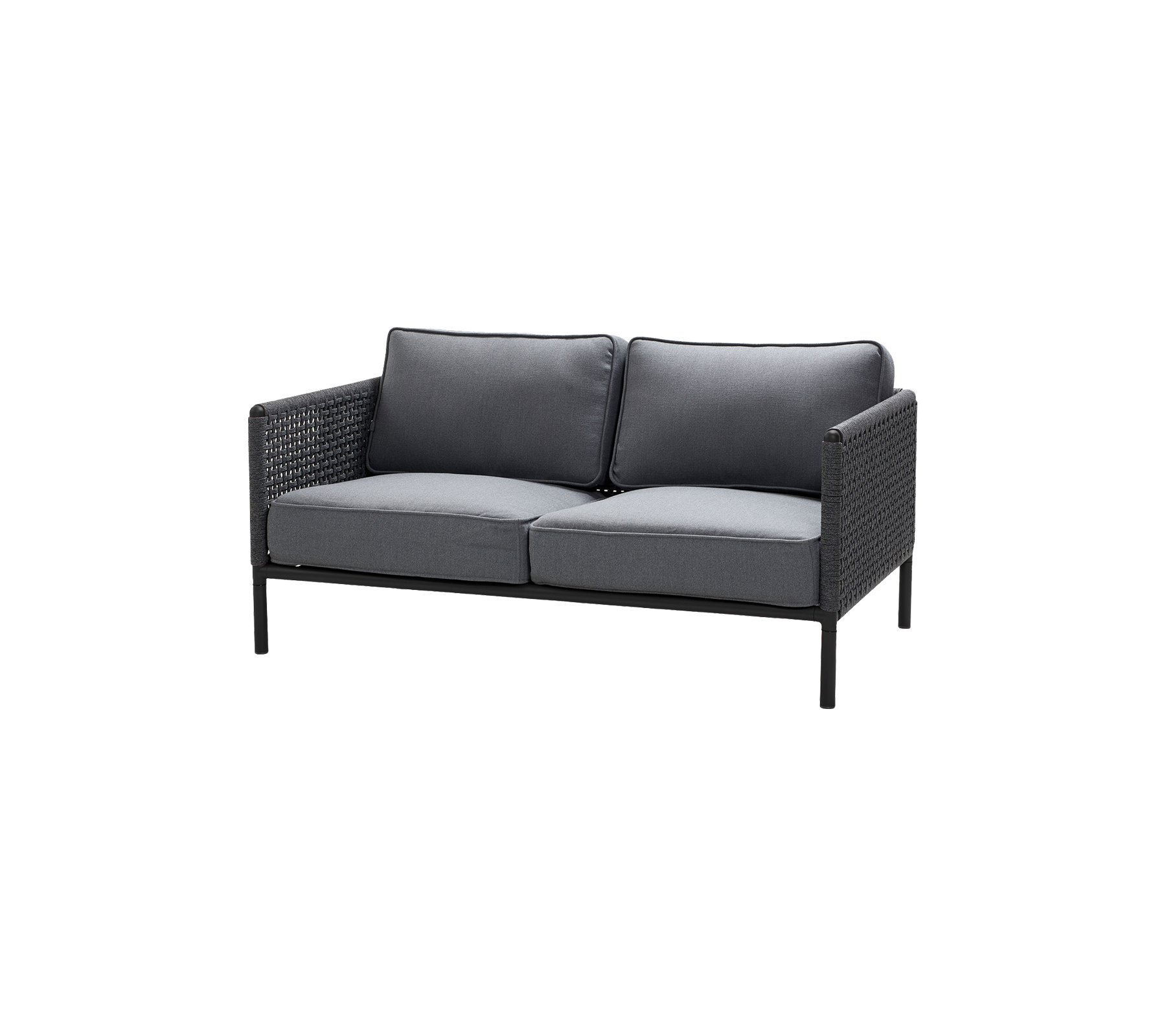 Sofá de dos plazas con un elegante marco negro y cojines gris oscuro, diseñado para la comodidad y el estilo. Perfecto para áreas de asiento informales.