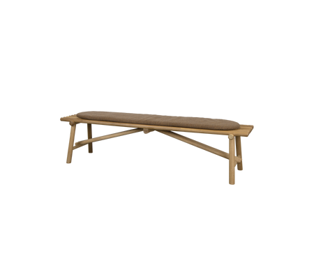 Banco de madera con un asiento curvado y un diseño de patas cruzadas, que ofrece una solución de asiento elegante y minimalista.