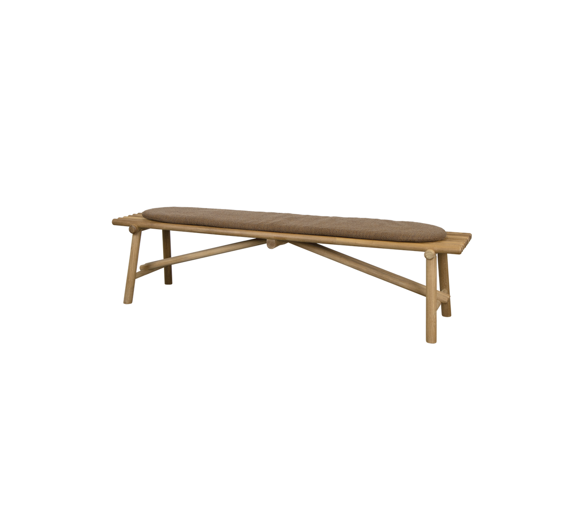 Banco de madera con un asiento curvado y un diseño de patas cruzadas, que ofrece una solución de asiento elegante y minimalista.
