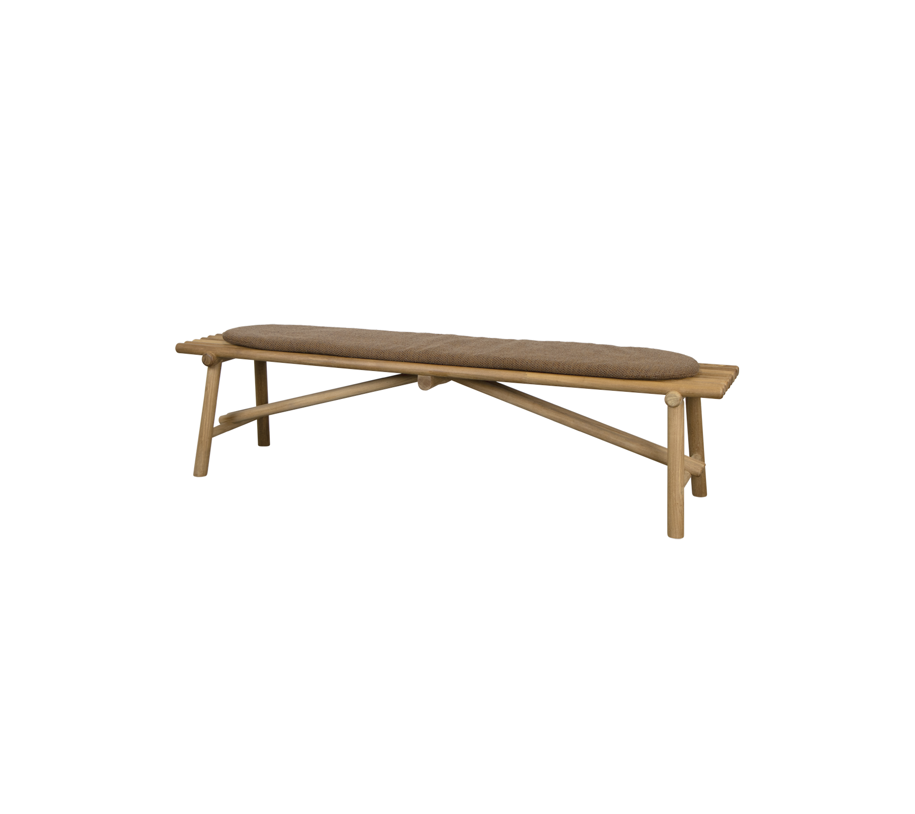 Banco de madera con un asiento curvado y un diseño de patas cruzadas, que ofrece una solución de asiento elegante y minimalista.