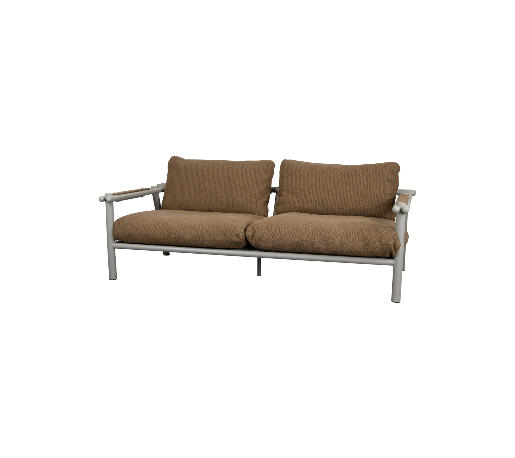 Un sofá de dos plazas cómodo con cojines marrones de felpa y un elegante marco de metal, ideal para relajarse y con estilo.