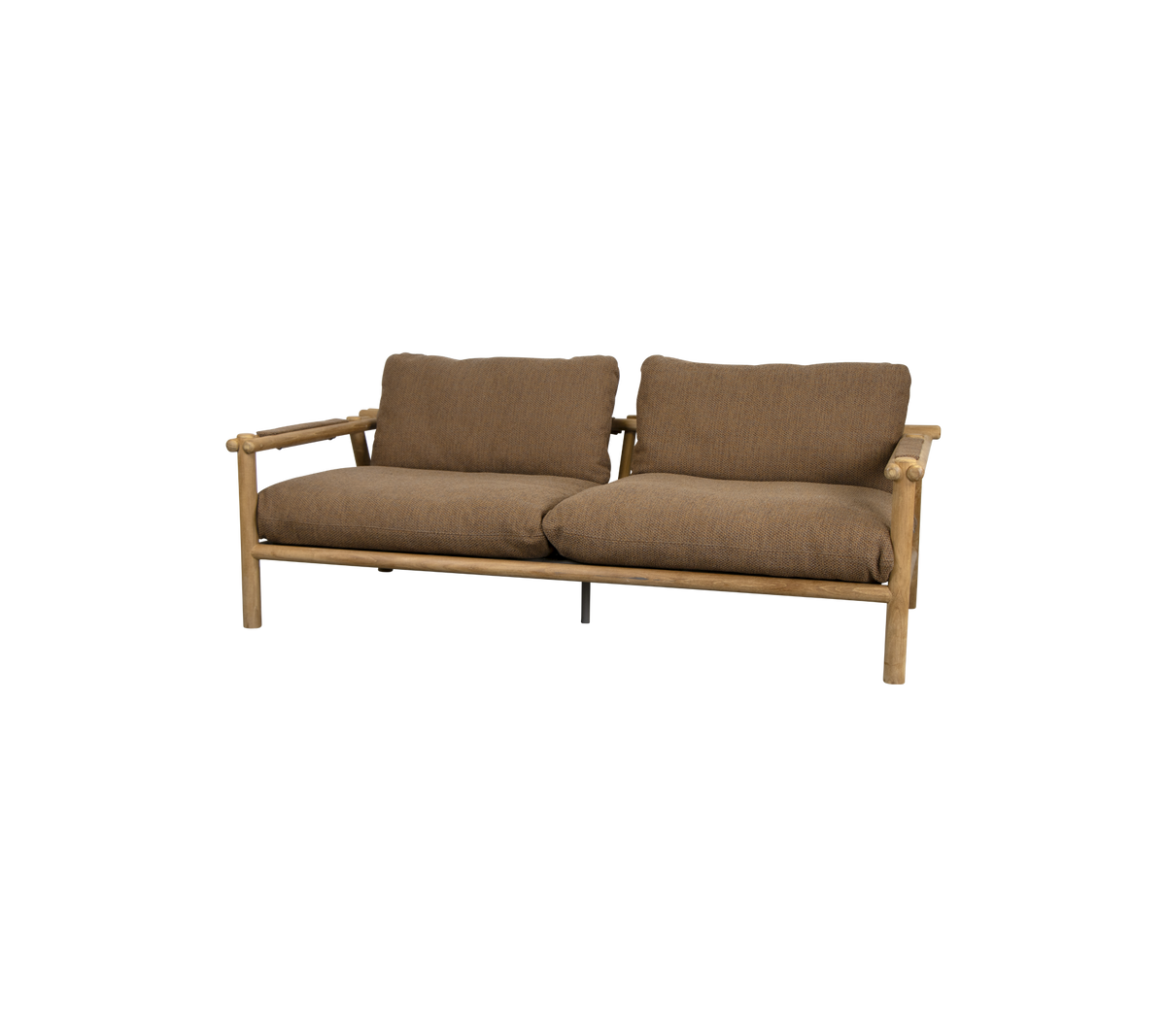 Un sofá de dos plazas cómodo con un marco de madera y suaves cojines marrones, diseñado para la relajación y un asiento elegante.