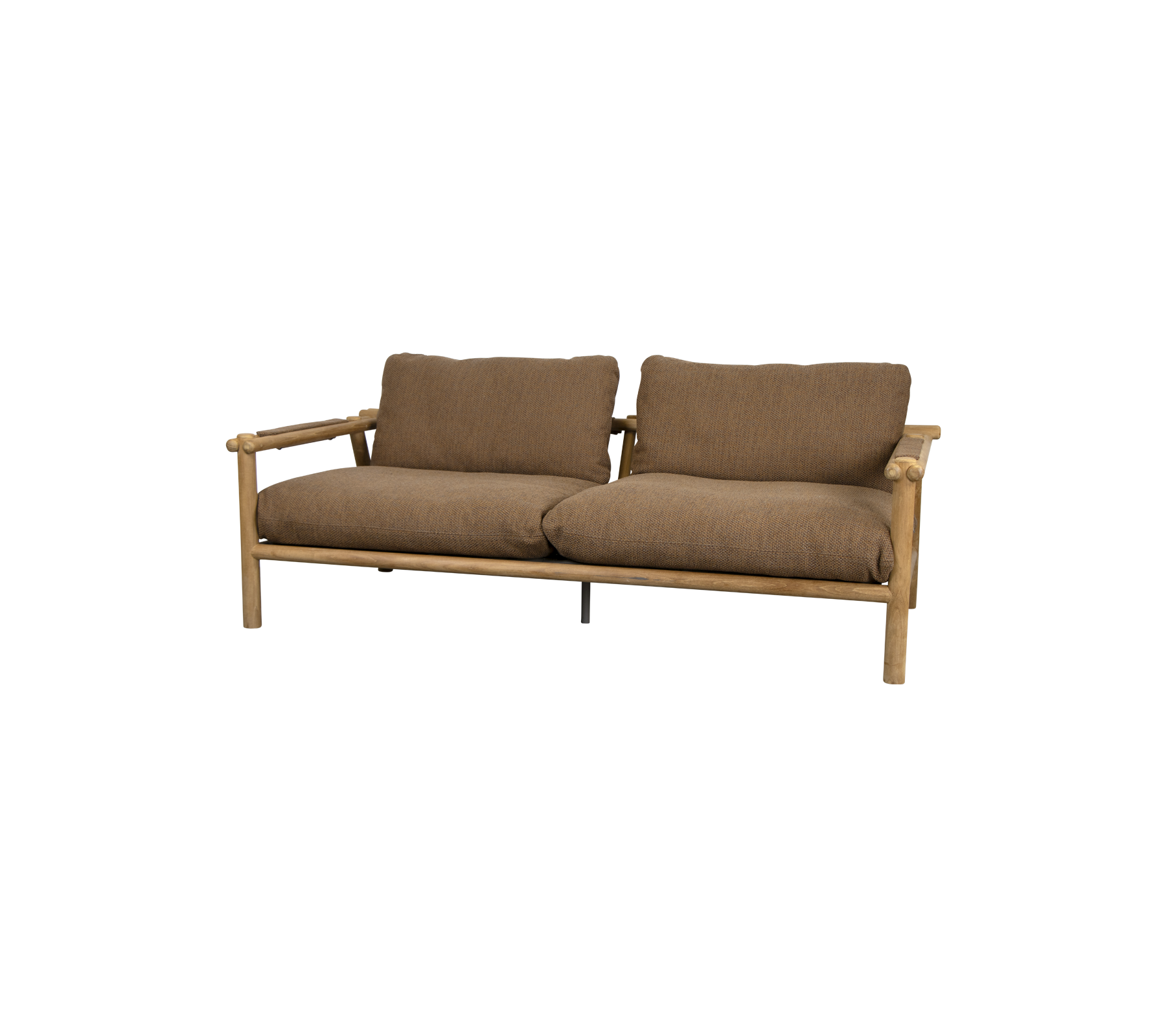 Un sofá de dos plazas cómodo con un marco de madera y suaves cojines marrones, diseñado para la relajación y un asiento elegante.