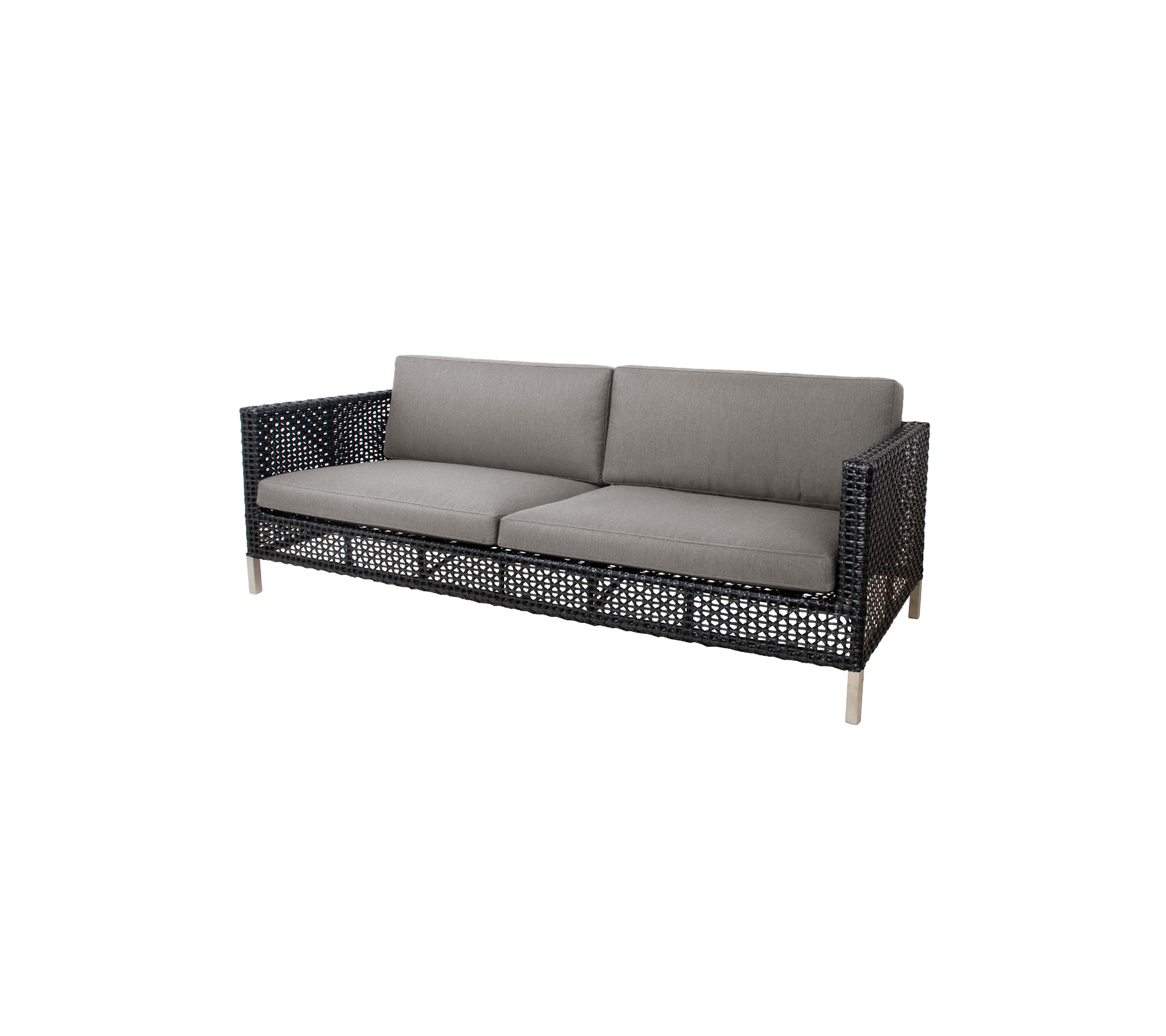 Sofá elegante con un diseño trenzado y cojines grises, diseñado para la comodidad y la estética moderna. Perfecto para cualquier área de asientos.
