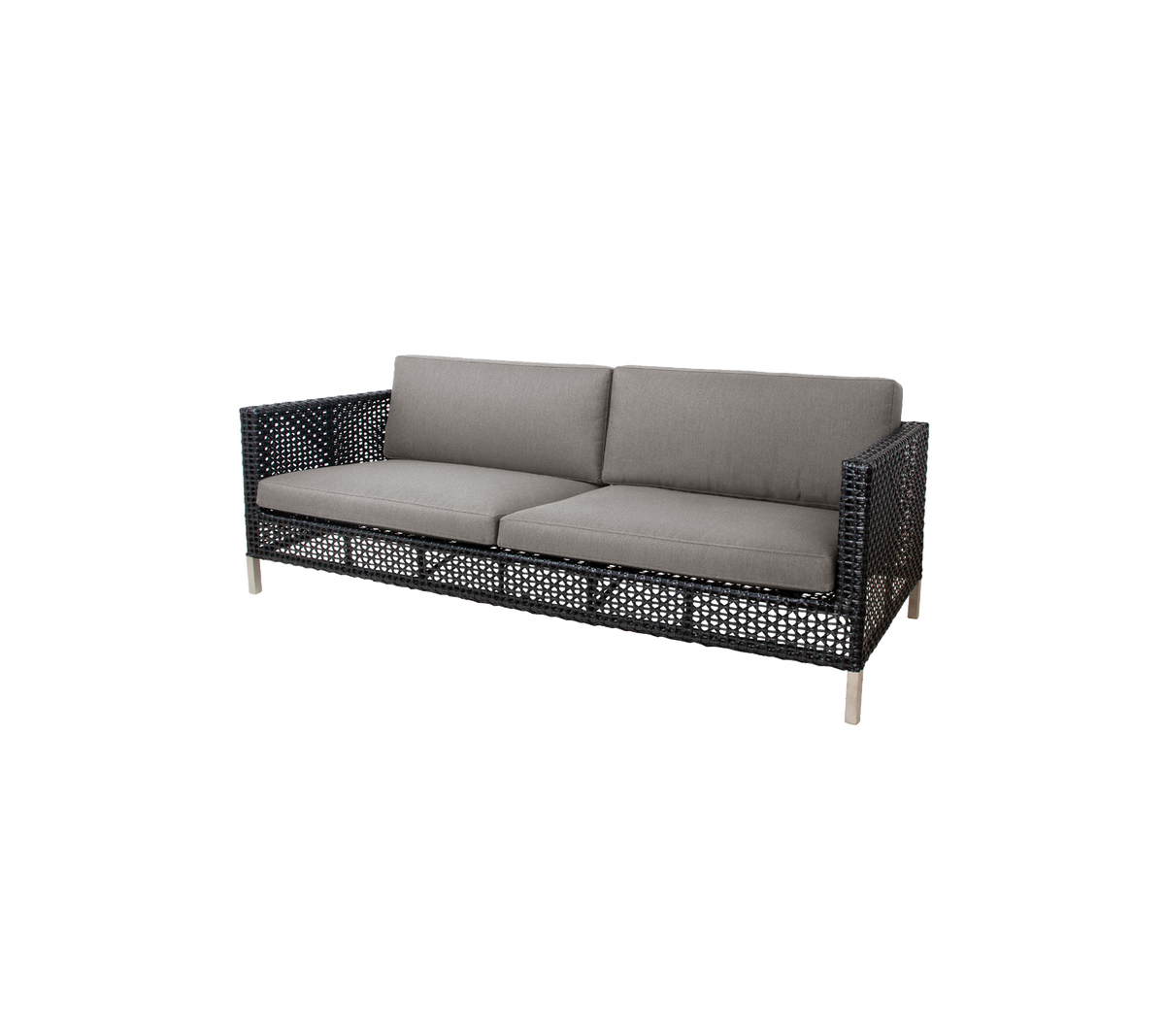 Sofá elegante con un diseño trenzado y cojines grises, diseñado para la comodidad y la estética moderna. Perfecto para cualquier área de asientos.