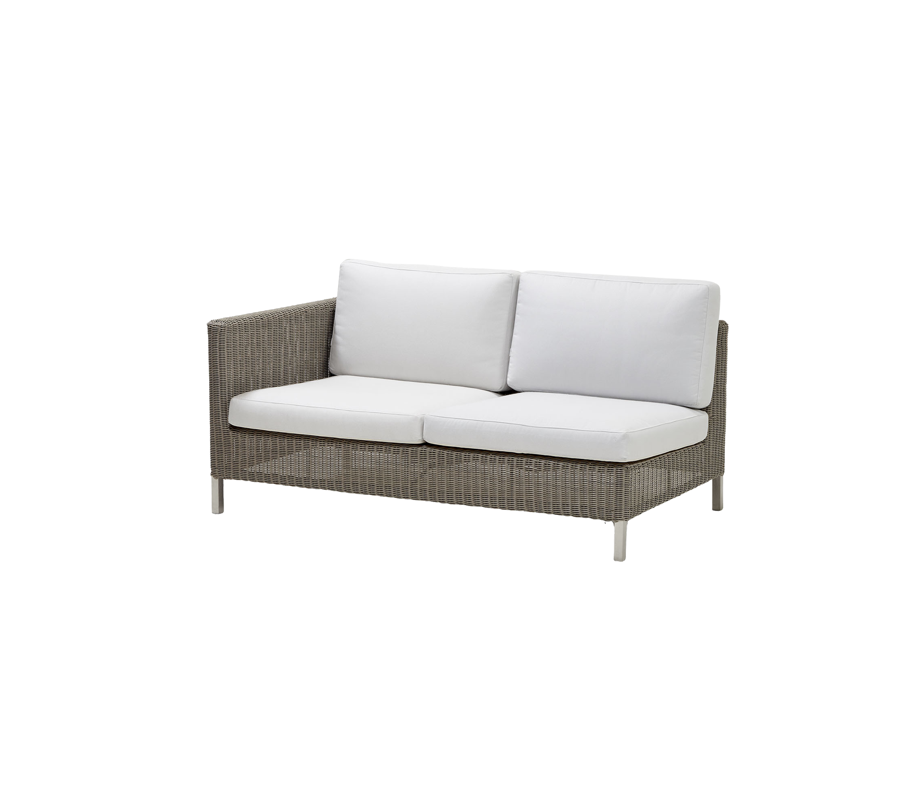 Un sofá elegante de dos plazas con un diseño tejido y suaves cojines blancos, perfecto para la relajación y la comodidad.
