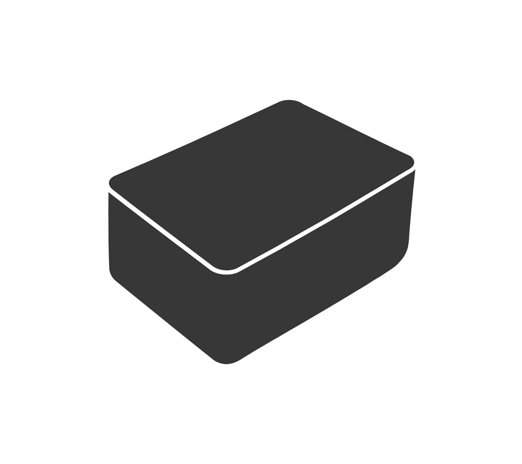 Ilustración de una caja de almacenamiento rectangular con una superficie suave y bordes redondeados.